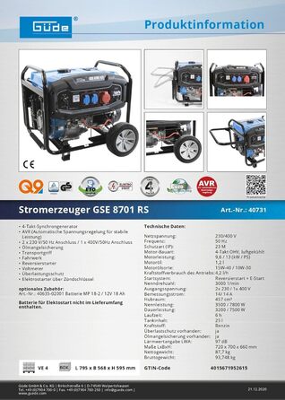 Бензиновий генератор електроенергії Gde GSE 8701 RS