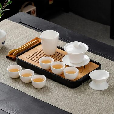 Порцеляновий набір для чаювання в китайському стилі Гунфу, портативний набір з чайником та 6 чашками, гайвань, ситечко для чаю та сумка все в одному для подорожей, активного відпочинку та як подарунок.