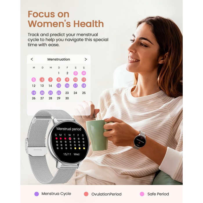 Жіночий круглий смарт-годинник, фітнес-годинник з функцією телефону, 24-годинний монітор серцевого ритму, відстеження SpO2, відстеження менструального циклу, понад 120 спортивних режимів, відстеження сну, водонепроникність IP68, крокомір, сумісний з iOS/A
