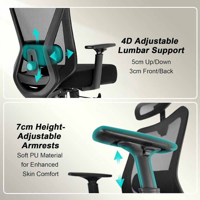 Ергономічне офісне крісло, робоче крісло з триступеневим фіксатором нахилу, обертове крісло з регульованим підголівником, підлокітниками та поперековою опорою, офісне крісло 150 кг