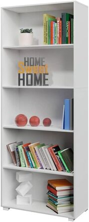 Книжкова шафа Casaria з 5 відділеннями, 190x60x28 см, регульовані по висоті полиці, дерев&39яна, відкрита, сучасна, для кабінету, офісу, вітальні, окремостояча полиця, колір Vela, біла