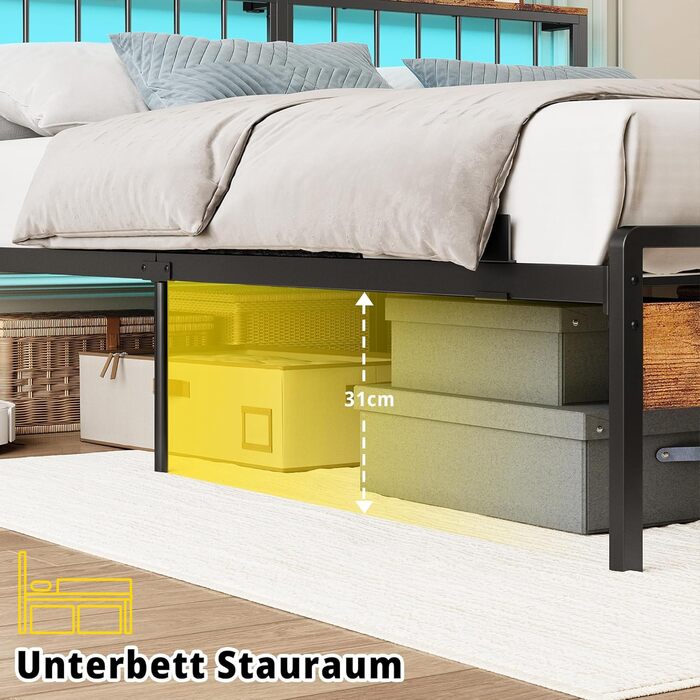 Каркас ліжка IRONCK 180x200, Ліжко зі світлодіодним підсвічуванням та розетками, Місце для зберігання речей під ліжком, 2 розетки змінного струму, 1 порт USB та 1 порт Type-C, Двоспальне ліжко з металевою рейковою основою, 180x200 см