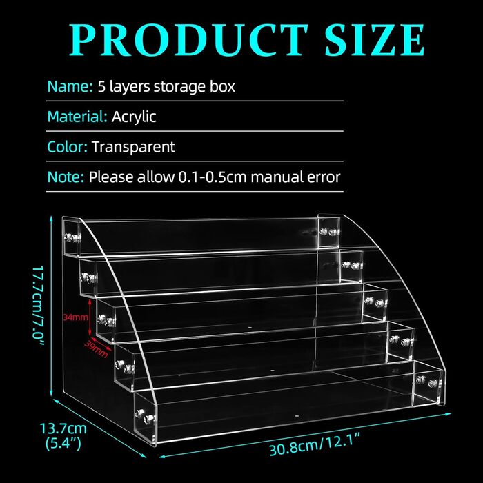 Шарів Акриловий органайзер для лаку для нігтів Прозорий акриловий лак для нігтів Тримач для гелю Зберігання губної помади Power Box Косметичний дисплей для туалетного столика 5 шарів, 5