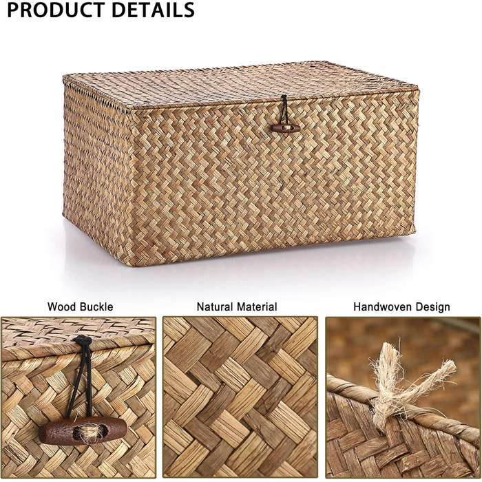 Плетений кошик для зберігання з морської трави з кришкою, натуральний плетений коричневий кошик-поличка з пряжкою для організації іграшок, одягу, фруктів для гардеробу, вітальня, 40 x 28 x 19 см, кавово-коричневий