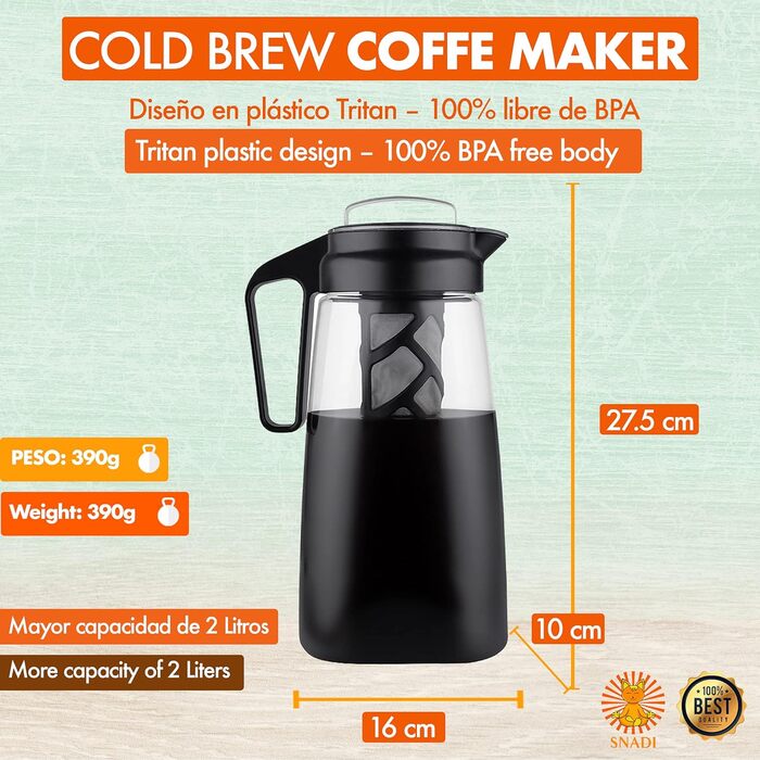 Глечик для холодного заварювання - 2-літровий заварювач (кавоварка холодного заварювання) з тонким сітчастим фільтром і герметичною кришкою з трітану 100 без бісфенолу А 2000 мл