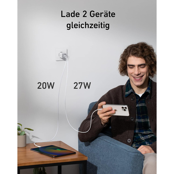 Зарядний пристрій Anker USB C 47 Вт, зарядний пристрій 523 (Nano 3), компактний із швидким зарядним пристроєм GaN на 2 порти для i