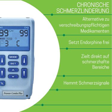 Апарат і міостимулятор Premier TENS, акумуляторний двоканальний пристрій TENS, 24 попередньо встановлені програми для полегшення болю і перенавчання м'язів з ручними налаштуваннями