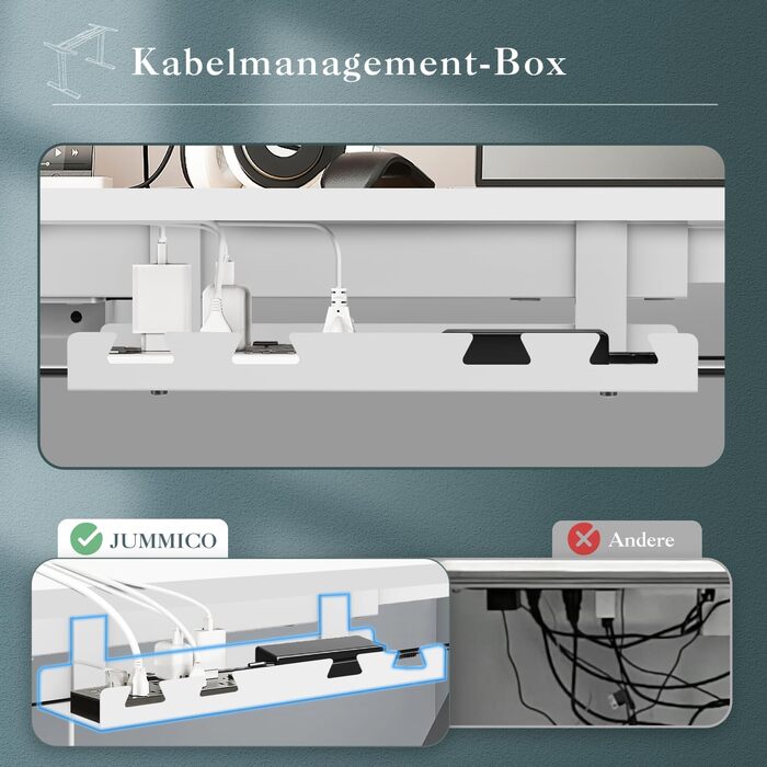 Каркас столу JUMMICO з регульованою висотою, USB-портом та кабельним лотком, електрично регульований каркас столу з колесами, стіл для роботи стоячи (білий)