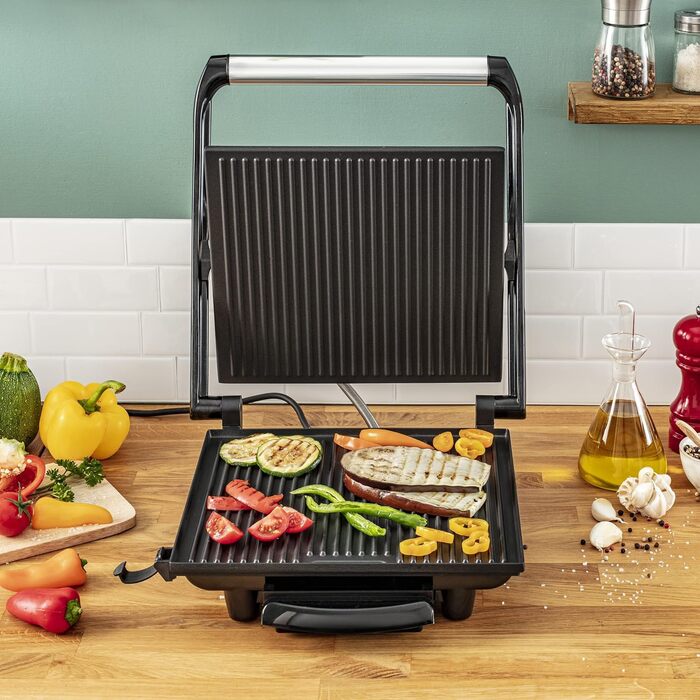 Контактний гриль Tefal Inicio GC241D Електричний гриль/бутербродниця Гриль з низьким вмістом жиру Паніні, Тости, Стейк, Овочі Пластини для гриля з антипригарним покриттям 2000 Вт 36,3x10,8x33,2 см Нержавіюча сталь/чорний єдиний стандарт