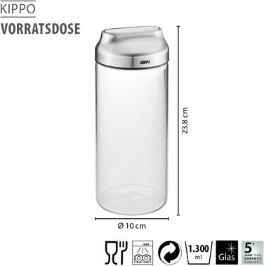 Контейнер для зберігання GEFU KIPPO 1300 мл Скляний контейнер з кришкою, що відкидається, та захистом аромату Герметичний, ідеально підходить для дозування цукру, борошна, мюслі, макаронів, сухих продуктів