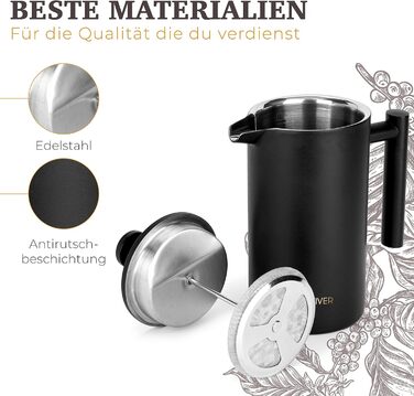 Голдвівер Френч-прес преміум класу 1 л Прес для кави з нержавіючої сталі S-304 Нержавіюча сталь Термоглечик з подвійними стінками 0,8 мм Чай/кава ізольована Ручна кавоварка матовий чорний