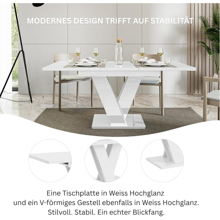 Розкладний обідній стіл (160 см) - 120x80x75 см - Сучасний - Обідній стіл - Обідній стіл - Стіл для їдальні, вітальні - Розкладний стіл - Білий глянцевий