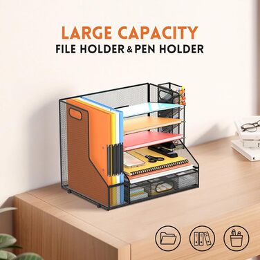 Органайзер для лотка для паперу з сітчастим тримачем для файлів, 5-ярусний настільний аксесуар та органайзер для офісного приладдя, чорний з тримачем для ручок