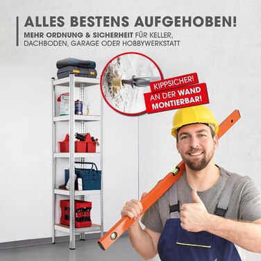 Міцний стелаж EASYmaxx 40x40x180 см Вантажопідйомність 875 кг, 175 кг на полицю Стелажі та верстак Підвальний стелаж, стелаж для зберігання з 5 регульованими полицями Для підвалу, гаража, кімнати для хобі, майстерні (40 x 40 x 180 см)