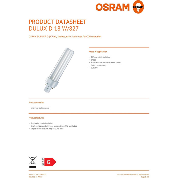 Енергозберігаючі лампи Osram DULUX D - цоколь G24d-2, 18 Вт