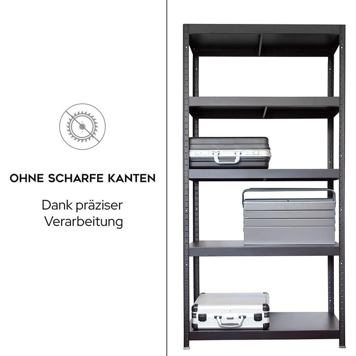 Міцний стелаж - ВxШxГ 180 x 90 x 40 см - Чорний - Вантажопідйомність 650 кг - Стелаж без болтів з 5 полицями - Навантаження на полицю 130 кг - Зроблено в ЄС - Міцний металевий стелаж - Легке складання - Для майстерні та складу