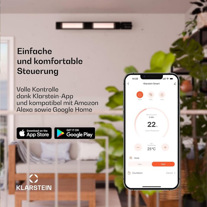 Інфрачервоний настінний обігрівач Klarstein 2000 Вт настінний, IP65, 9 налаштувань нагріву, додаток та пульт дистанційного керування, таймер, алюмінієвий, електричний обігрівач для 15 м, WiFi, тихий, електричний настінний обігрівач