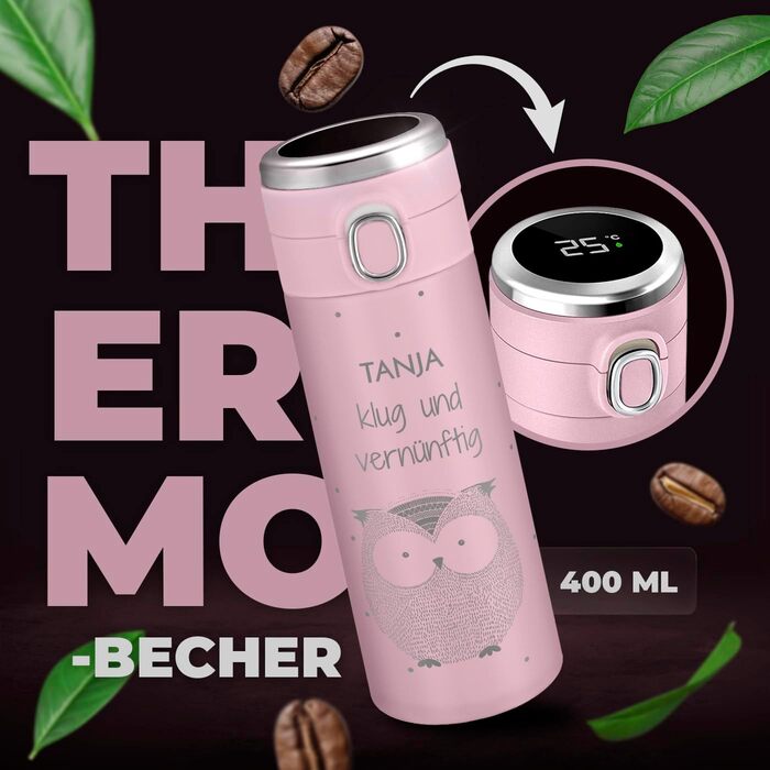 Термокружка Maverton з гравіюванням, 400 мл - Пляшка для води з нержавіючої сталі - зі світлодіодним дисплеєм температури - Герметична, 100 водонепроникна - Для жіночих днів народження - Рожева - Сова