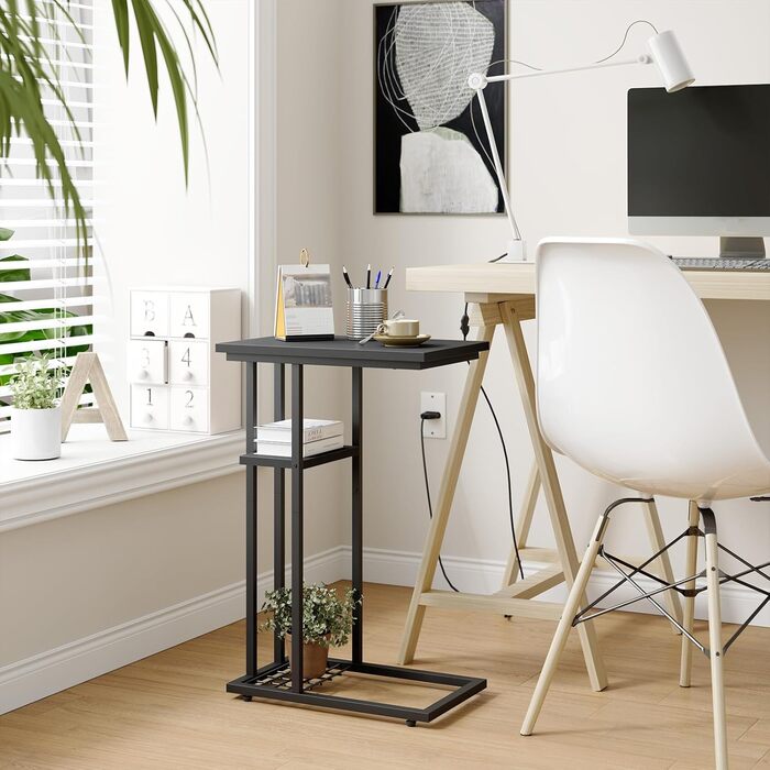 Журнальний столик YMYNY C-подібної форми, елегантний маленький диван-столик, промисловий дизайн, диван-столик 40 x 26 x 61,5 см, стіл для вітальні, спальня, вітальня, чорний HST004B, комплект з 1 предмета, чорний