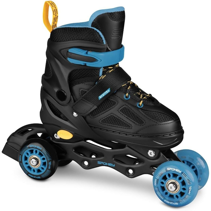 Набір SPOKEY Quattro 4-в-1 Роликові ковзани/Роликові ковзани/Трискейти/Ковзани для льоду, РЕГУЛЬОВАНІ для дітей та підлітків Роликові ковзани, що трансформуються в роликові Розміри 30-33, 34-37, 38-41 Чорний/Синій 34-37
