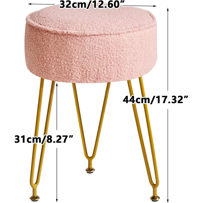 Кругла підставка для ніг, бічний столик для макіяжу, сидіння для туалетного столика, пуф-табурет, для вітальні, спальні, рожевий WBD009P 30Г x 30Ш x 46В см рожевий