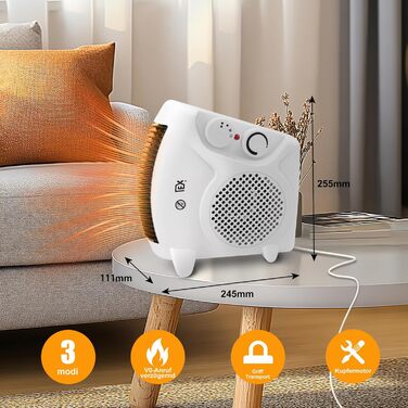 Портативний електричний обігрівач потужністю 2000 Вт з 2 режимами нагріву та функцією охолодження повітря, вертикальна та горизонтальна робота, тихий мідний двигун, захист від перегріву, невеликий обігрівач для офісу, ванної кімнати, спальні