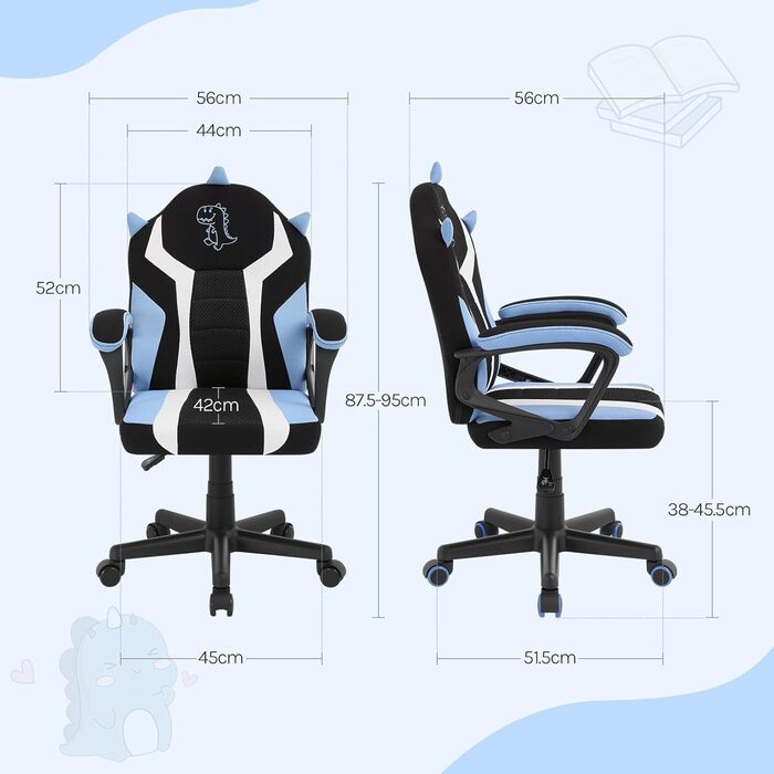 Ігрове крісло WOLTU для дітей, ергономічне дитяче робоче крісло зі спинкою та підлокітниками, для дитячих кімнат, з універсальними колесами та колесами з обважнювачами, сітчаста тканина, синій колір
