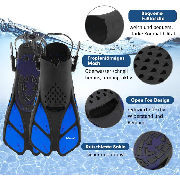 Ласти для сноркелінгу Glymnis, регульовані, для дорослих та дітей, короткі ласти для дайвінгу, плавання, сноркелінгу, розмір S/M (37-41), чорний/синій