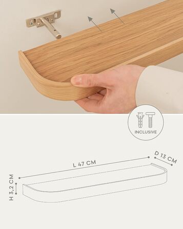 Набір настінних полиць Kazai. Toke 3 підвісні полиці зі шпону справжнього дерева Плаваюча дерев&39яна полиця як настінна прикраса та місце для зберігання у ванній кімнаті, вітальні, кухні, спальні тощо Дуб 47 см x 13 см (комплект з 3 шт.)