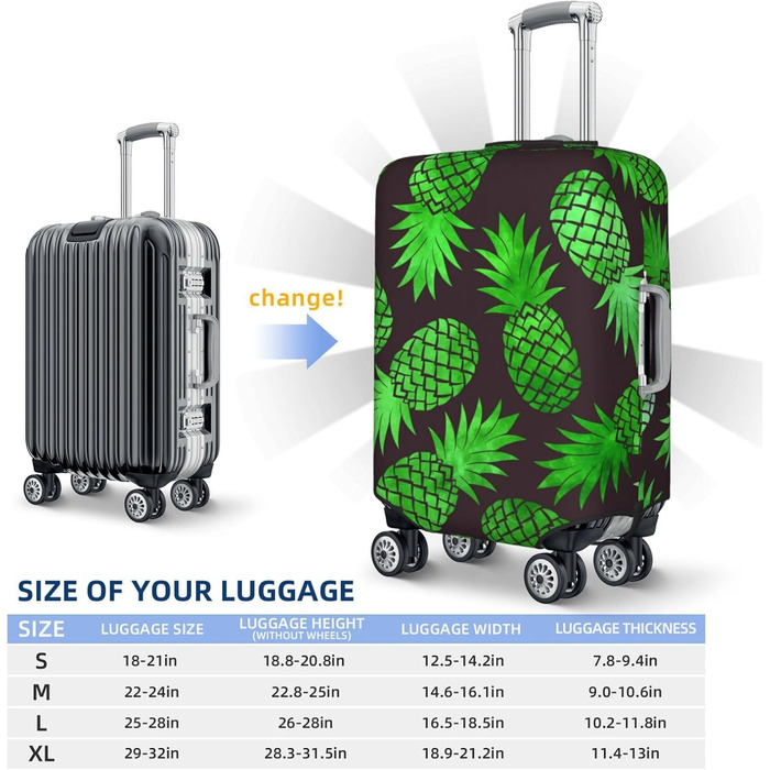 Чохол для валізи Ананасове мистецтво, міцний захист для багажу, підходить для валіз розміром 45.7 - 81.3 см, розмір XL, чорний, екстра-великий