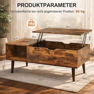 Журнальний столик DUMOS з регульованою висотою, якісний стіл для вітальні, журнальний столик, журнальні столики для вітальні, невеликі, сучасні дерев&39яні центральні столики з відділенням для зберігання та прихованим відділенням (колір дерева) коричневий