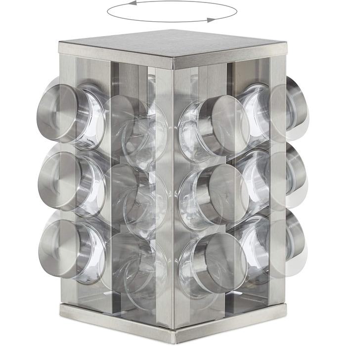 Карусель для спецій Relaxdays з 12 банками для спецій, обертається на 360, нержавіюча сталь, скло, ВxГ 22 x 19 см, квадратна підставка для спецій, срібляста, 10032729