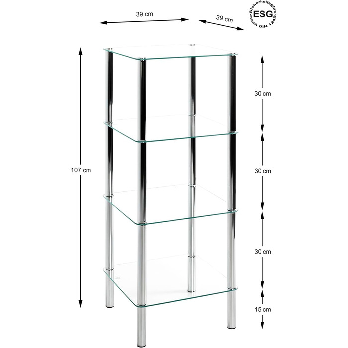 Меблева полиця HAKU Хром, Метал, Безпечне скло - Розміри Ш 39 x В 107 x Г 39 см, Стиль Сучасний Ш 39 x В 107 x Г 39 см Хром