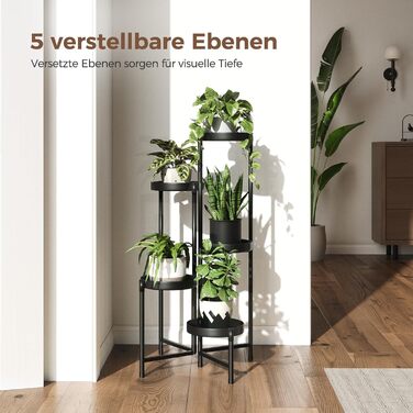 Металева підставка для квітів Bamworld, 5 ярусів, сучасна полиця для рослин для використання в приміщенні та на вулиці, міцна підставка для рослин з кількома полицями, компактний квітковий табурет для вітальні, балкона, саду, чорний - 5 шт. у упаковці
