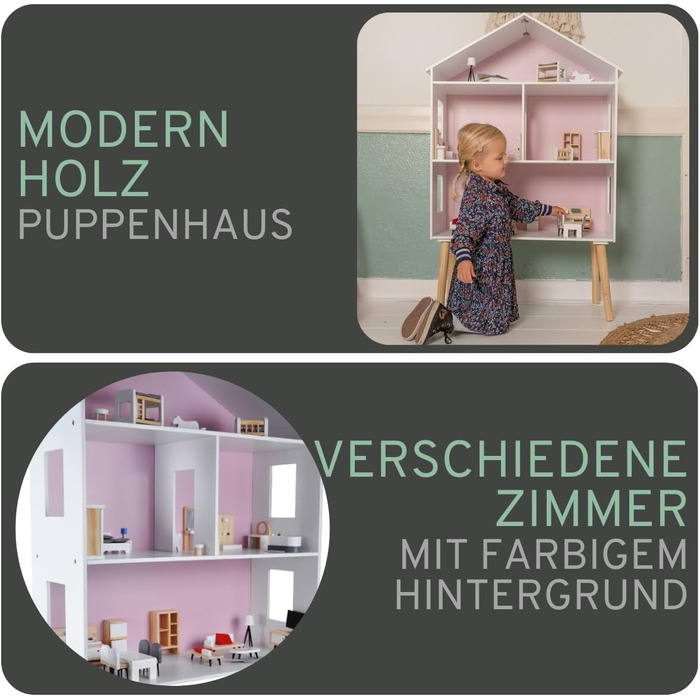 Дерев&39яний ляльковий будиночок "Бандити та ангели", білий та рожевий, сучасна вілла, вік 3, висота 115,5 см включає 47 предметів меблів ляльковий будиночок іграшка для ляльок, висота 115 см