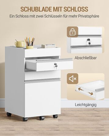 Контейнер на колесах Hzuaneri, шафа для документів, офісна шафа, що замикається, з 3 шухлядами, додаткове місце для зберігання зверху, шафа з шухлядами для формату DIN A4, Letter, для офісу, домашнього офісу, 40 x 40 x 70 см Білий FC41003XV1