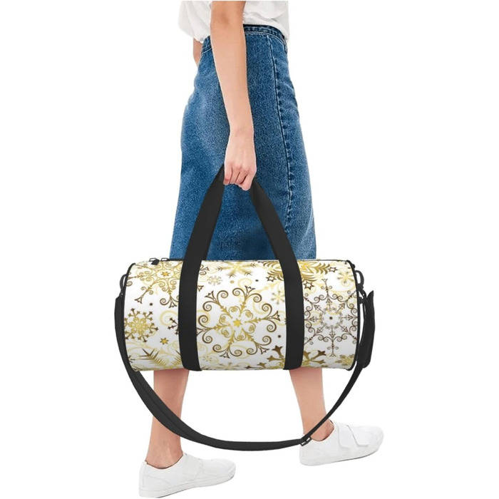 Спортивна сумка, дорожня сумка, святкова новорічна, з золотистим малюнком сніжинок, сумка для ночівлі, чорна, універсальний розмір, сумка для подорожей