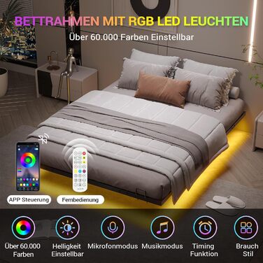 Каркас ліжка DICTAC 140x200 зі світлодіодним освітленням, Ліжко 140x200 з металевою рейковою основою, Плаваючий каркас ліжка 140 x 200 для дорослих з освітленням - Міцний та стійкий, Легке складання, Чорний (без матраца) 140x200 см