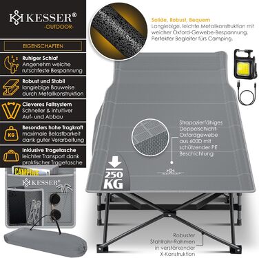 Кемпінгове ліжко KESSER, розкладне розкладане ліжечко, шезлонг для кемпінгу, включаючи сумку для перенесення, кемпінговий ліхтарик бічна кишеня, міцне ліжечко, вантажопідйомність 250 кг, металева труба, тканина Оксфорд 600D, портативне, сірий колір, 210 с