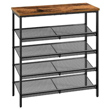 Взуттєва полиця HOOBRO, 5-ярусне зберігання взуття, взуттєва шафа, регульована металева сітчаста полиця, містка верхня частина, на 16-20 пар, вхід, коридор, індустріальний колір, вінтажний коричнево-чорний EBF12XJ01 темно-коричневий чорний 75 x 30 x 81 см