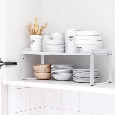 Розширювана полиця для шафи, 66 см, штабелюваний органайзер для кухонної стільниці, кухонна полиця для спецій, полиця для комори, регульований органайзер для шафи, полиця для зберігання речей для кухні та офісу (2 шт., білий M) Білий 2 шт., білий M