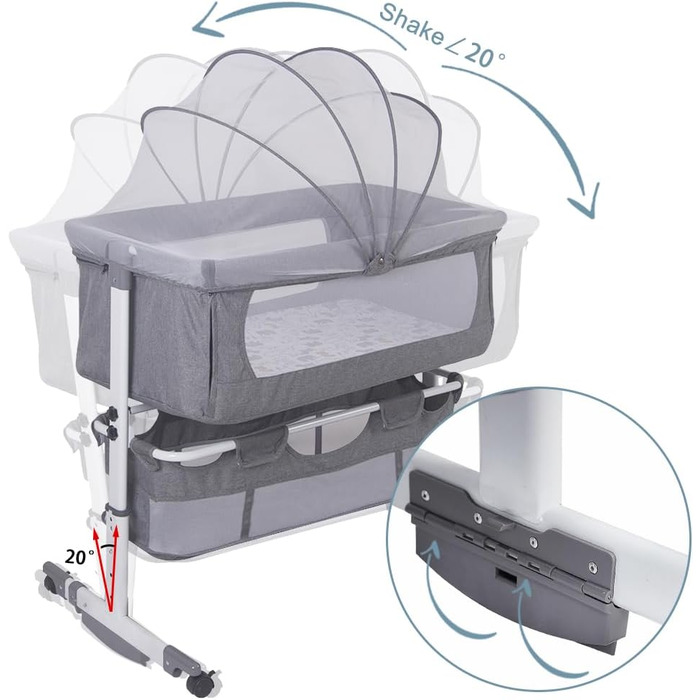 Дитяче ліжечко Supfine Cododo, ліжко 3-в-1 з матрацом та москітною сіткою, регульована висота, мобільна колиска для новонароджених/немовлят, Calidoo з кошиком для зберігання (92 x 58 x 70-87 см, сірий колір), YE360461 сірий 92x58x70-87 см