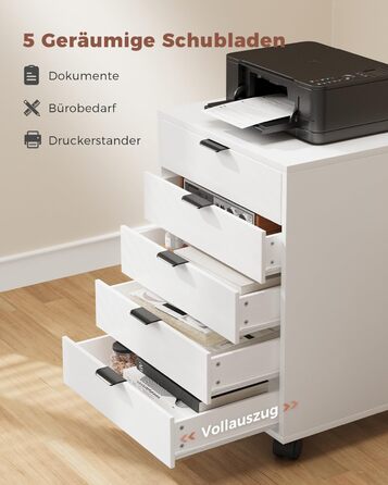 Шафа з шухлядами, контейнер на колесах, мобільна шафа для документів з 5 шухлядами, шафа під письмовим столом, офісний комод для домашнього офісу, білий 40 x 47,6 x 64,6 см