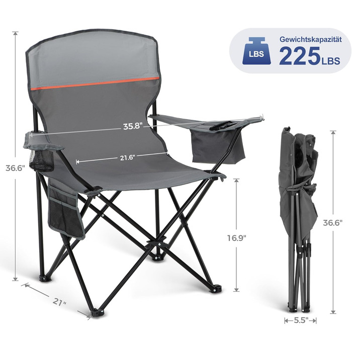 Кемпінгове крісло, 2 шт., складне крісло, кемпінгове крісло з підставками для чашок, складне крісло, кемпінгове рибальське крісло, складне з підлокітниками, вуличне крісло сірого кольору, 39S CAMP
