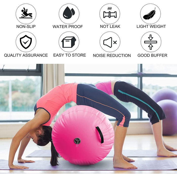 Надувний гімнастичний повітряний валик, надувні повітряні ролики, повітряний валик, гімнастичний валик, повітряна бочка для тренувань балансу, валик для йоги, колона для вправ з ПВХ циліндра для домашнього використання, 120x75 см, рожевий