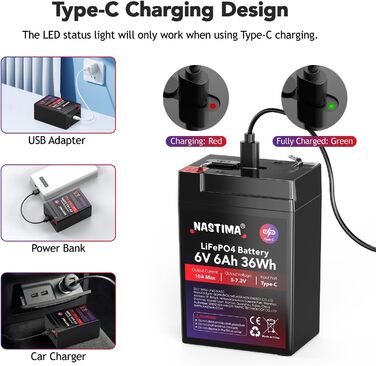 Акумуляторна батарея NASTIMA 6V 6Ah 36Wh LiFePO4 із захистом BMS та 2000 циклами глибокого розряду/розрядки, що не потребує обслуговування, зарядка через роз&39єм Type-C, підходить для аварійного освітлення, дитячих іграшкових машинок, моторних човнів, ке