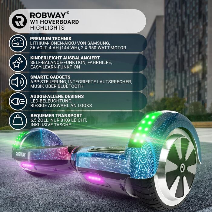 Гідроцикл Robway W1 D ARBON – універсальний для дітей, підлітків та дорослих, керування через додаток, 2 двигуни по 350 Вт, функція самобалансування, Bluetooth, колір Space Blue