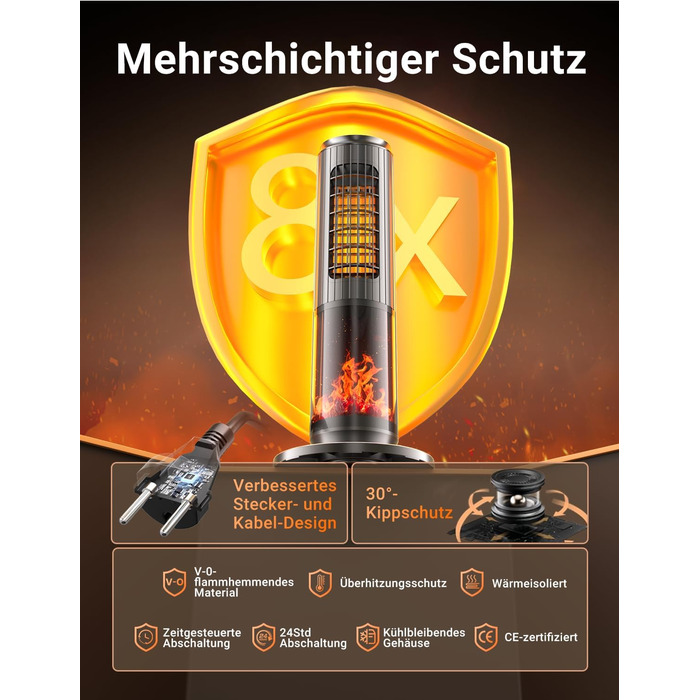 Енергозберігаючий керамічний електричний обігрівач потужністю 2000 Вт з дистанційним керуванням, ефектом димоходу, термостатом, коливаннями 70, режимом ECO, 3 режимами, таймером 1-8 годин, захистом від перегріву та перекидання, тихою роботою для офісу та 