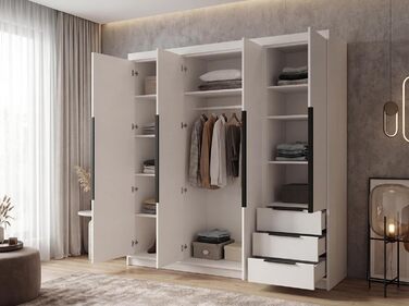 Шафа, 4-дверна з 3 шухлядами 200 x 215 см Шафа з відкидними дверима, рейкою для одягу та полицями, колір K. білий/T. sonoma/S. sonoma