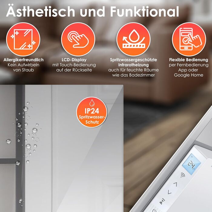 Інфрачервоний обігрівач KESSER потужністю 600 Вт для дзеркал, енергозберігаючий електричний обігрівач 2-в-1, окремостоячий та настінний, з датчиком відкритого вікна дистанційним керуванням та керуванням через додаток, термостат, інфрачервона нагрівальна п